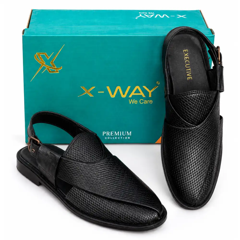 Men's Handcrafted Black Leather Peshawari Chappal Box - X-way Men's Handcrafted Black Leather Peshawari Chappal Box